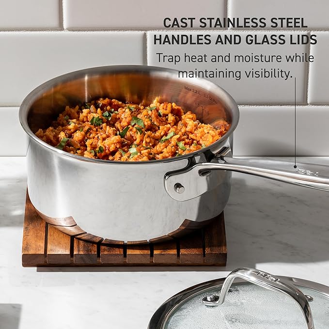 T-fal Pro Tri-Ply Stainless Steel Cookware Set, 10 Piece-Induction Compatible, Oven Safe 500F, Lids-350F, Even Heat, Professional Quality, Durable, Induction Pots and Pans Set, Silver