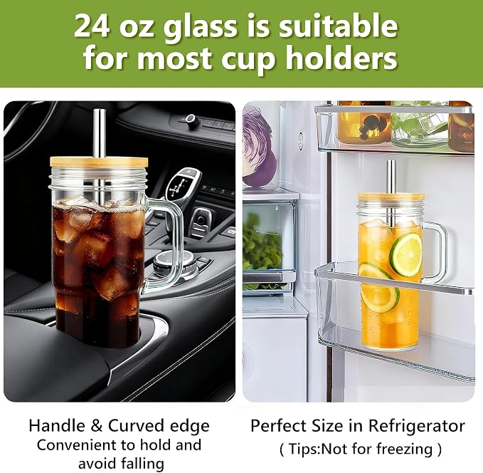 Birity Glass Cups with Lids and Straws, 24oz Glass Tumbler With Handle - Image 2