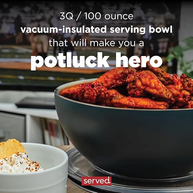 served Large Insulated Serving Bowl with Lid (100oz/3QT) - Double-Walled Stainless Steel Bowl for Hot & Cold Food - Vacuum Insulated, Spill-Resistant Thermal Bowl for Parties, Casseroles, Tailgates