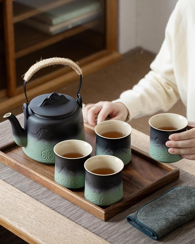 ZENS Japanese Teapot Set with 4 Cups, 33.8oz Loose Leaf Clay Teapot | Embossed - Image 7