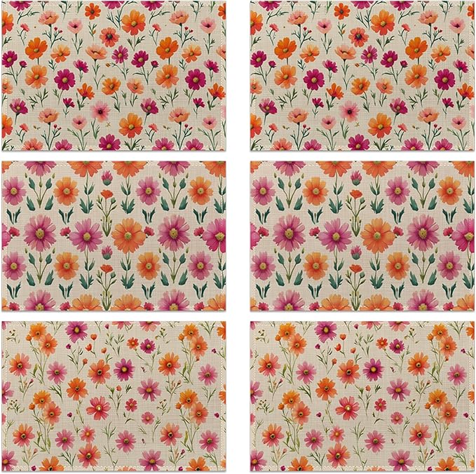 Herbs and Wild Flowers Spring Placemats, Seasonal Summer Placemats 12x18 Inch Waterproof Non-Slip Washable Table Mats for Kitchen Dining Party Table Decor,Set of 6