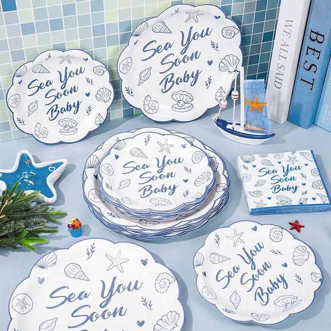 Whaline 72Pcs Sea You Soon Baby Tableware, Plate Napkin Set, Serves 24 | 9" & - Image 4