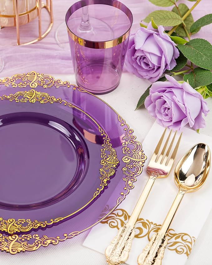 Nervure 350Pcs Purple Plastic Plates, Plastic Dinnerware Set - Image 4