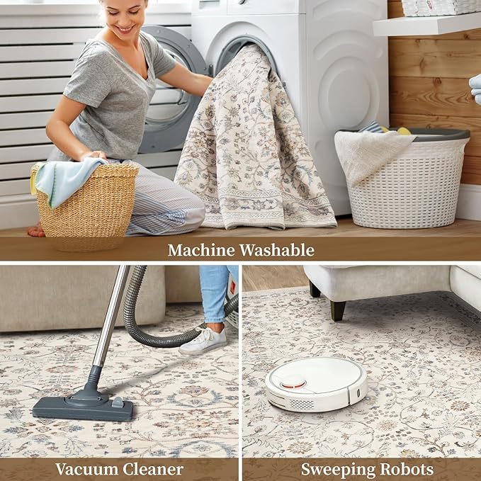 MontVoo-Vintage Area Rug 8X10 Beige for Living Room - Soft Distressed Printed Carpet for Bedroom - Non Slip, Machine Washable for Dining Room, Bedside, Office