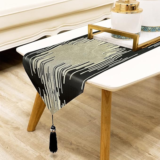 Modern Black Table Runner, Abstract Geometric, Tassel by Jiino