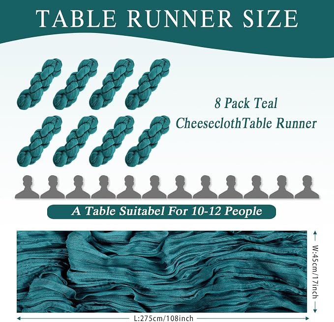 8 Pack Teal Cheesecloth Table Runner 17x108 inch | Boho Gauze Cheese Cloth - Image 2