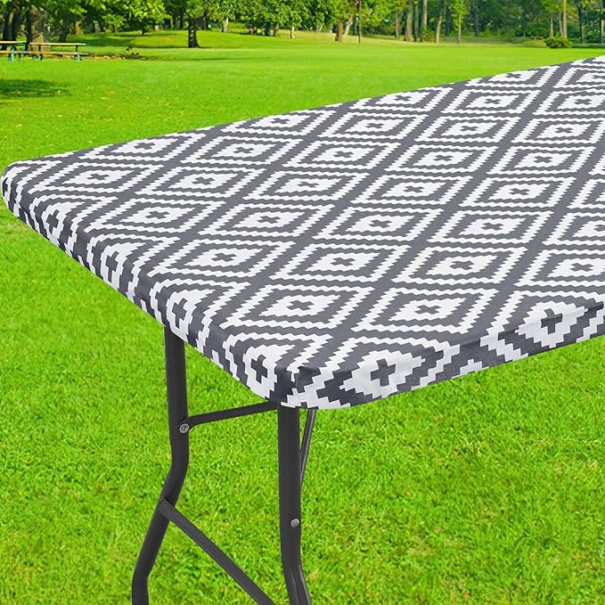 Smiry Rectangle Table Cloth Cover, Waterproof Elastic Fitted Picnic Tablecloth for 6 Foot Tables, Wipeable Flannel Backed Vinyl Tablecloths for Camping, Dining, Outdoor (Grey, 30" x 72")