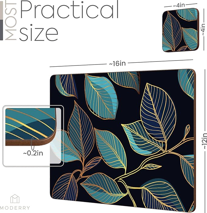 Set of 4 Heat Resistant Cork Placemats for Dining Table with Free Set of 4 Matching Drink Coasters Sage Green Marble Design 16 x 12 Inches Cork Backed Hard Placemats (Blue Gold Botanical)
