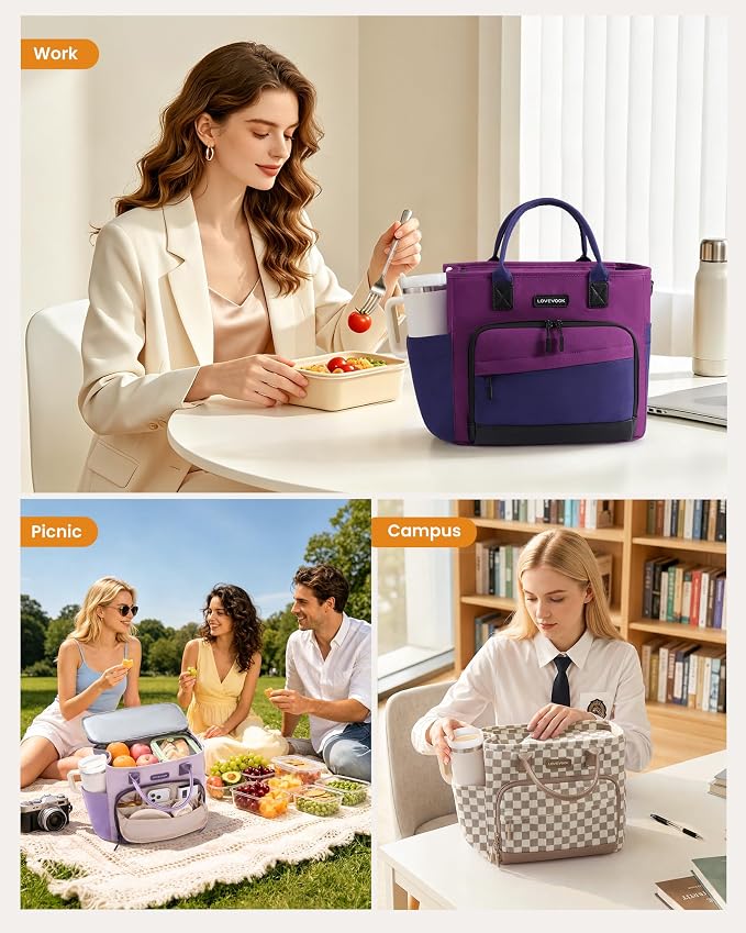 LOVEVOOK Lunch Box for Women, Adult Lunch Bag for Work, Mocha Checker | - Image 2
