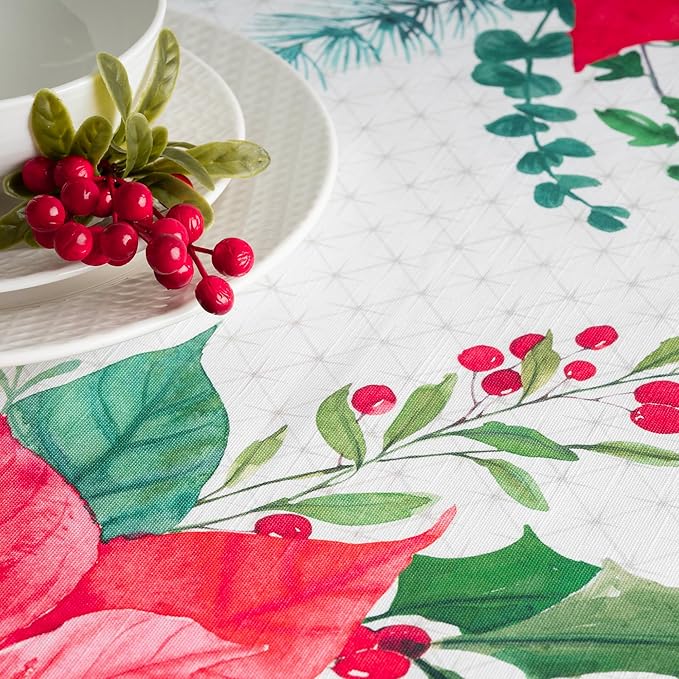 Maison d' Hermine Table Cloth Rectangle Table 100% Cotton 70 x 90 Inches Fall Tablecloth Reusable Everyday Use for Thanksgiving Christmas Decorations Dining Farmhouse Party (Poinsettia Christmas)