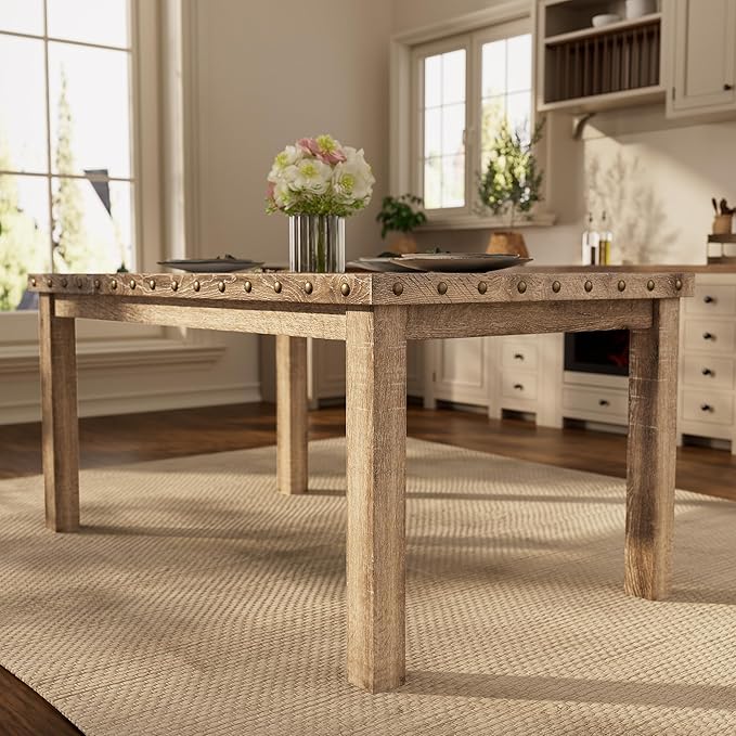 Morden Fort Farmhouse Rectangular Wooden Dining Table, Rustic 60" Kitchen & Dining Room Table with Woodgrain Tabletop, Rivet Accents & Solid Wood Legs