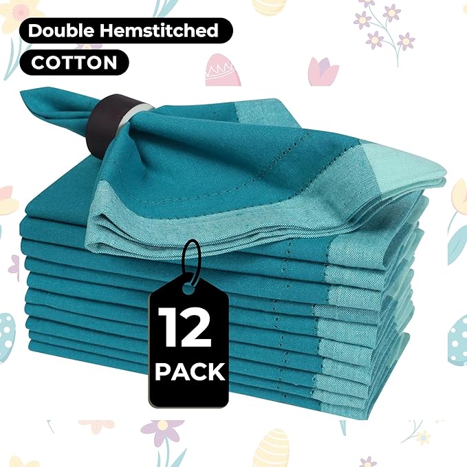 Bedding Craft Cotton Cloth Dinner Napkins Set of 12 – 20x20 Teal Multi Double Hemstitched – Machine Washable Reusable Fabric Napkins for Weddings & Dinner Tables