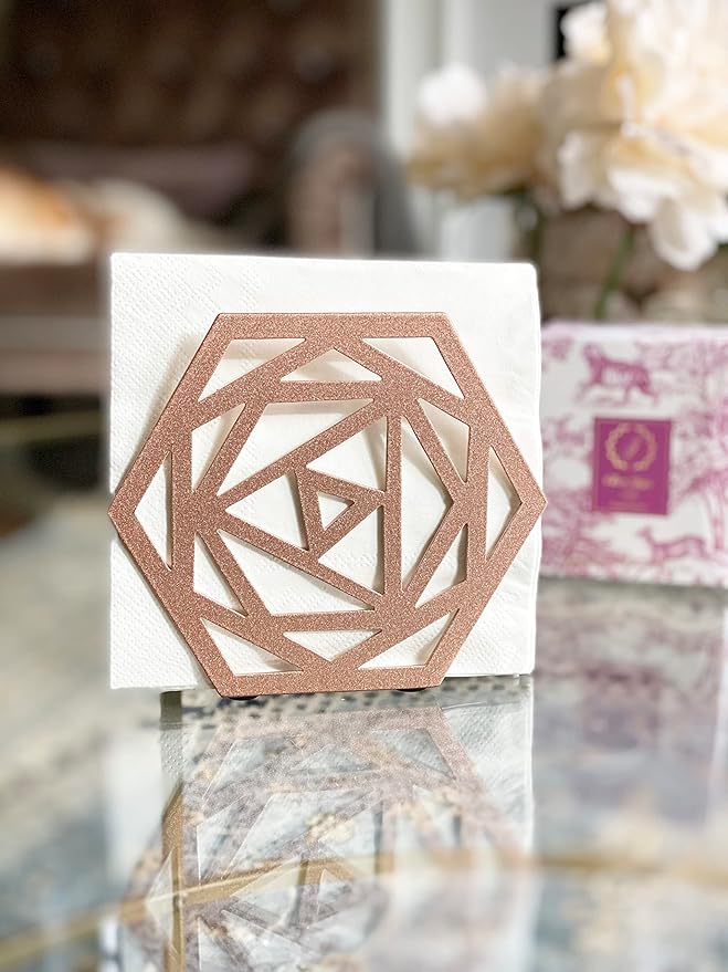 Rose Gold Metal Upright Napkin Holder | Cutout Rose Silhouette Design | Kitchen Counter Tissue Dispenser Home Restaurant Hotel Décor