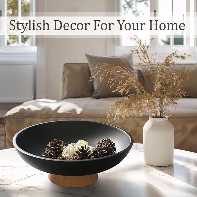 Modern Resin Pedestal Bowl – Large Fruit Bowl for Kitchen Counter, Catch All Bowl for Entryway Table, Stylish Key Bowl & Dining Centerpiece, Black