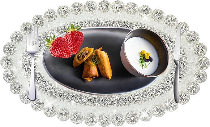 Sparkling Silver Diamond Placemats Bling Oval Place Mat Heat Elegant Table Decor for Weddings, Holidays, and Special Events (15x9 Inch)-6 PCS