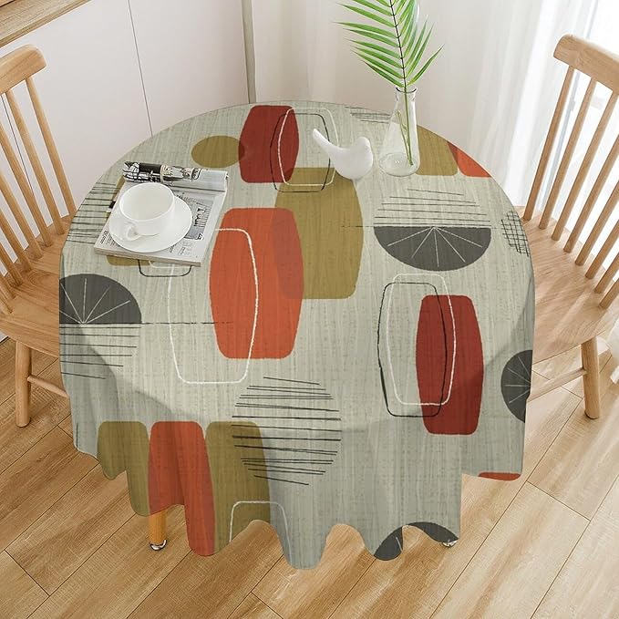 Retro Medieval Bohemian Round Tablecloth, Modern Mid Century Geometric Abstract Print Tablecloth for Home Party Dining Room Kitchen Decor 36Inch(90cm)