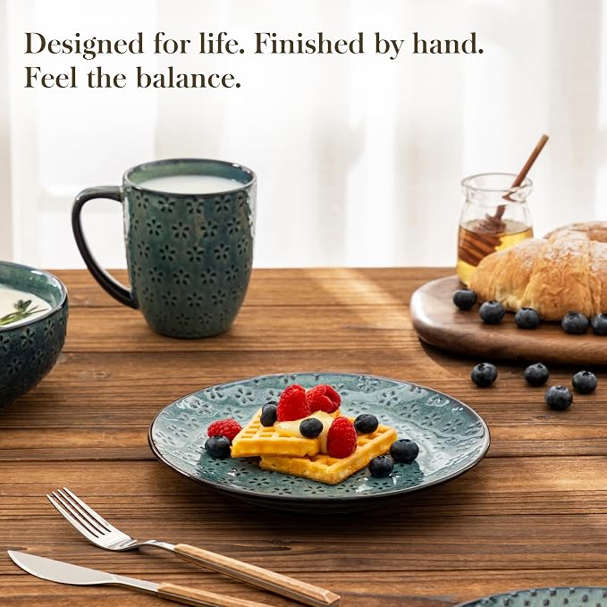 MALACASA 16 Pieces Dinnerware Sets, Farmhouse Plates and Bowls Sets, Embossed - Image 4