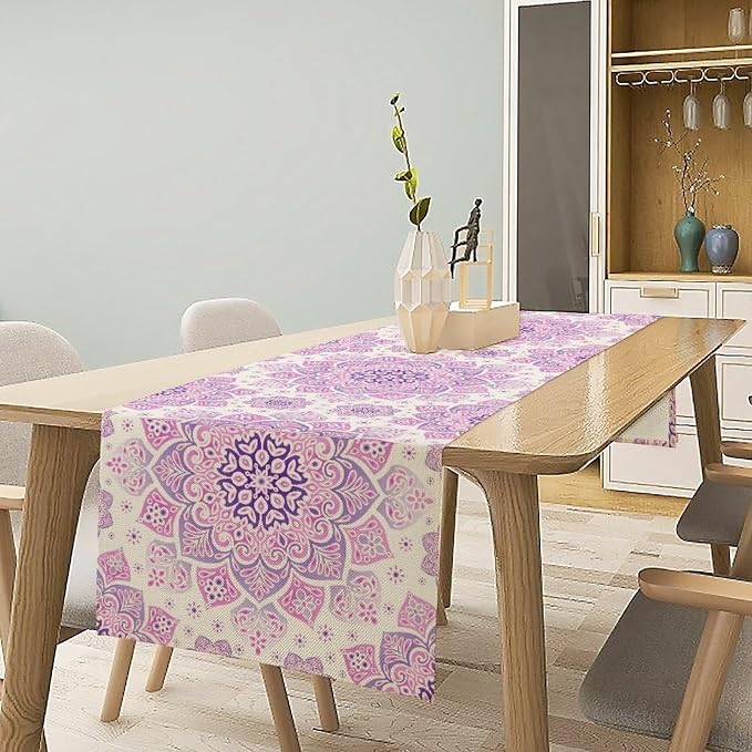Purple Pink Mandala Table Runner, Traditional Indian Boho Mandala Flowers Print - Image 2