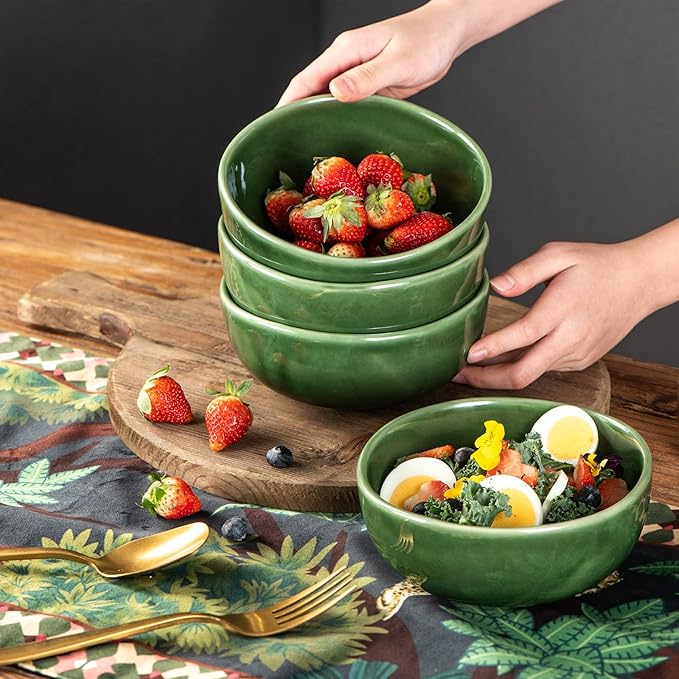 vicrays Ceramic Cereal Bowls Set - Porcelain 26 Ounce Soup Salad Bowls - Rice Dessert Cream Bowls Set - Chip Resistant Dishwasher Microwave Safe - Set of 6 (Green)