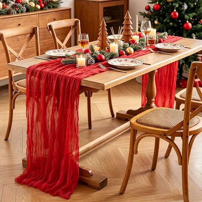 6Pcs Red Table Runner, 10FT Rustic Gauze Red Table Runner 35*120inch Boho Table - Image 6