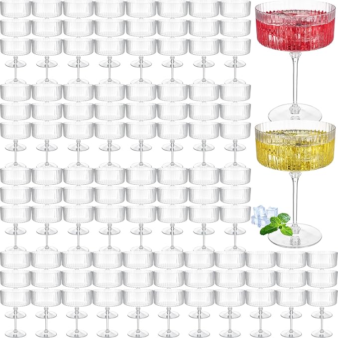100 Pcs Ribbed Martini Glasses 10 oz Disposable Plastic Vintage Ribbed Coupe Glasses Unbreakable Dessert Parfait Glassware for Wedding Birthday Party Supplies (Clear)