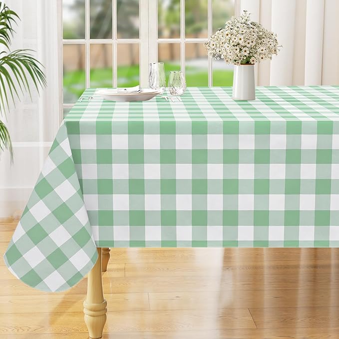 misaya Rectangle Waterproof Vinyl Table Cloth, Buffalo Flannel Backed Tablecloth, Wipeable Plastic Table Cover for Dinner, Kitchen, Outdoor (60" x 84", Sage Green and White)