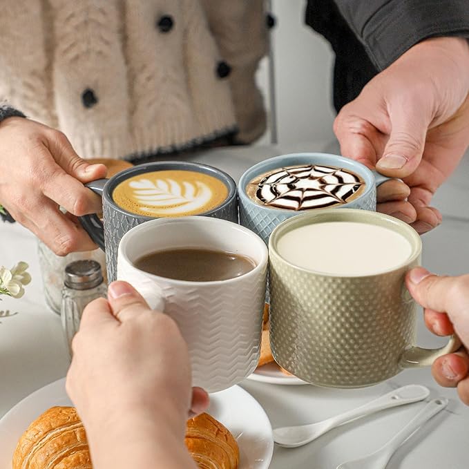 HASENSE Coffee Mugs 12 OZ Ceramic Cups Set of 4, Stackable Embossed Coffee Cups with Rack, Porcelain Coffee Cups for Latte, Cappuccino, Mocha, Cocoa, Americano, Hot Tea and Milk, Multi Color