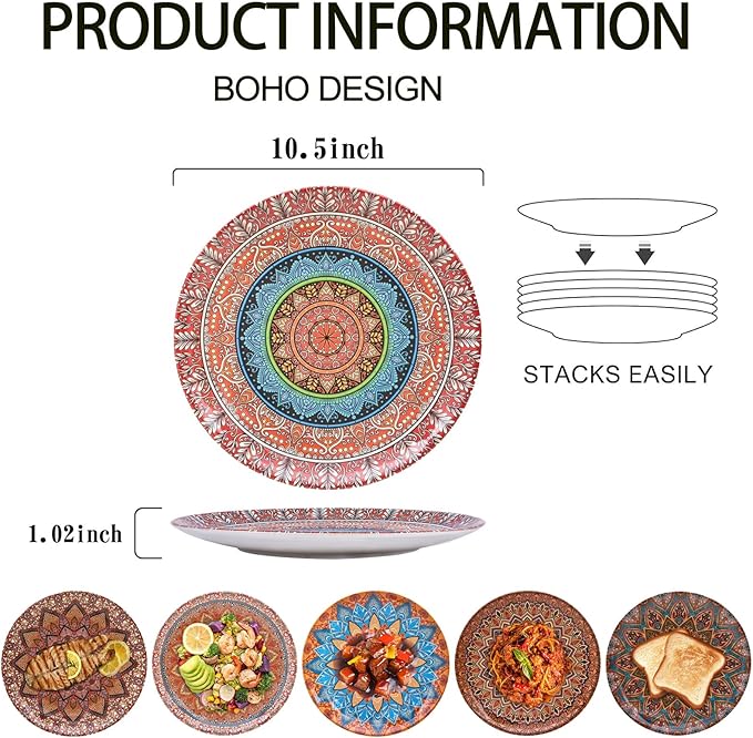 UNK U Melamine Dinner Plates Set of 6, 10.5 Inch Bohemian Plates in 6 Vibrant Colors, Unbreakable Dinner Plates for Kitchen, Weddings, Birthdays, Entertaining, Dishwasher Safe