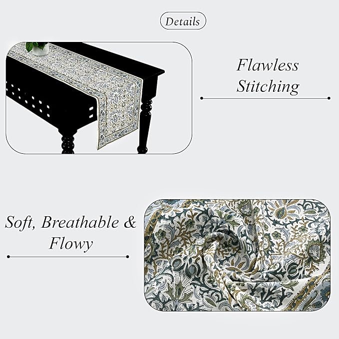 Indigo Floral Hand Block Print 100% Cotton Reusable Table Runner 16" X 106" - Image 3