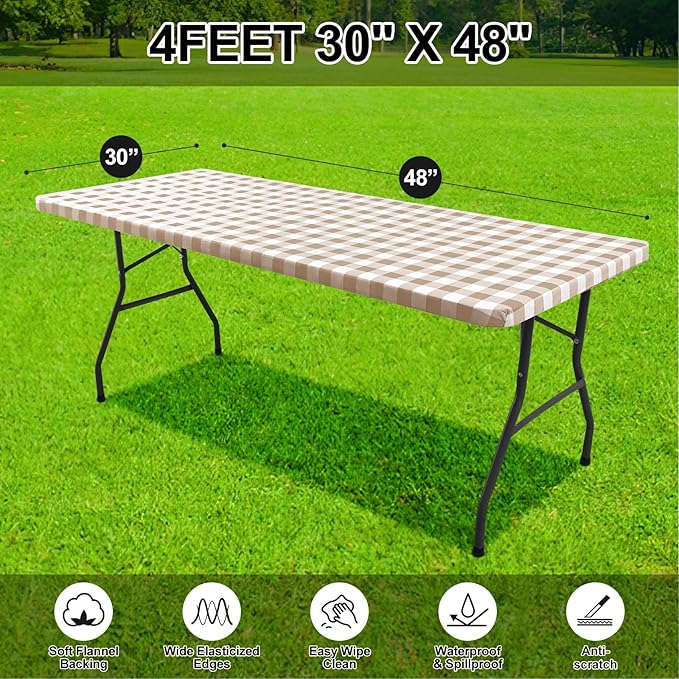 Smiry Rectangle Picnic Table Cloth, Elastic Waterproof Fitted Vinyl Tablecloths, Flannel Backed Buffalo Plaid Table Covers for Dining, Camping, Outdoor (White and Khaki, 30" x 48")