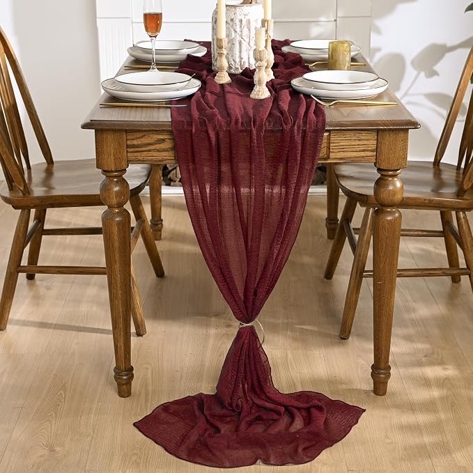 Artoid Mode 3PC Boho Cheesecloth Gauze Burgundy Wedding Table Runner, 120 Inch by ArtoidMode