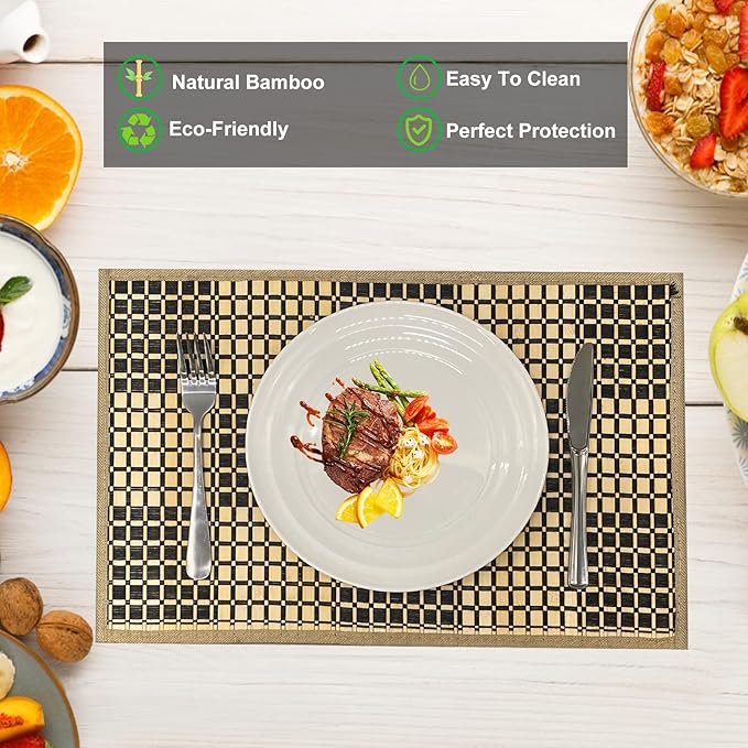 ANDSTAR Set of 8 Pcs Bamboo Placemats Rectangle Table Placemats Natural Anti-Slip Washable Heat-Resistant Table Mats for Dining Room and Kitchen(Plaid Natural Color)