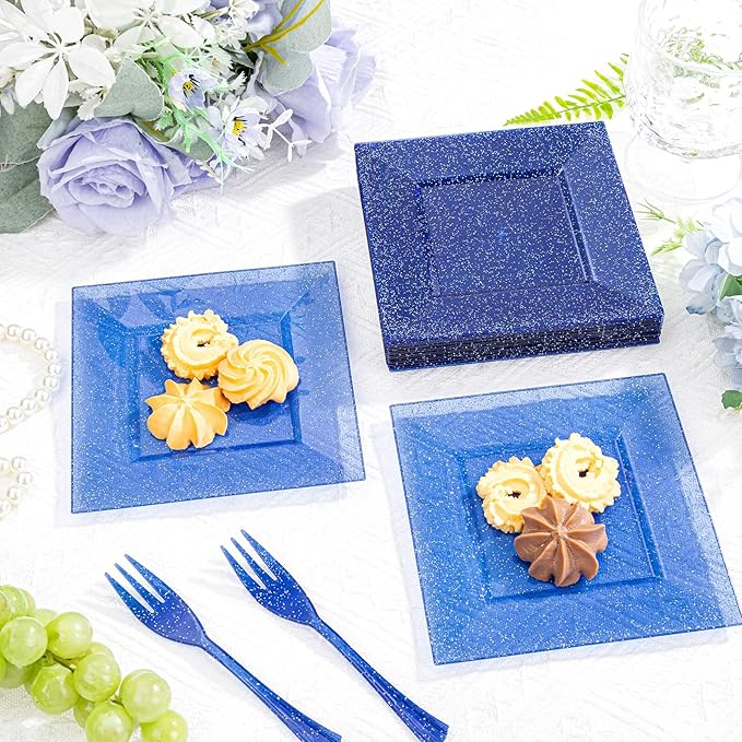 DaYammi 100Pcs Blue Dessert Plates 6" with Forks 5.7"- Small Disposable Dessert Plates- Serve 50 Guests include 50 Cake plates,50 Plastic Forks for Party,Disposable Appetizer plates for Wedding