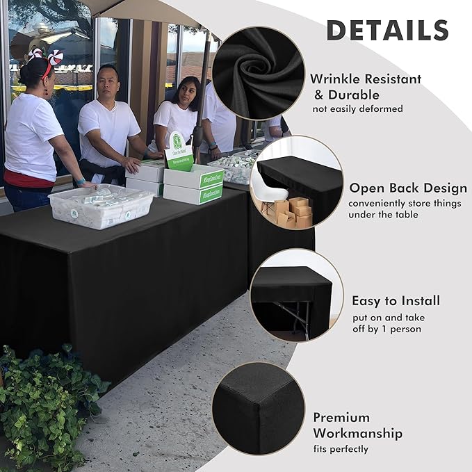 Nasitos 6 Pack Fitted Tablecloths for 6 Foot Tables Black Trade Show Table Covers-Open Back Washable Vendor Table Cloth for Craft Show, Events
