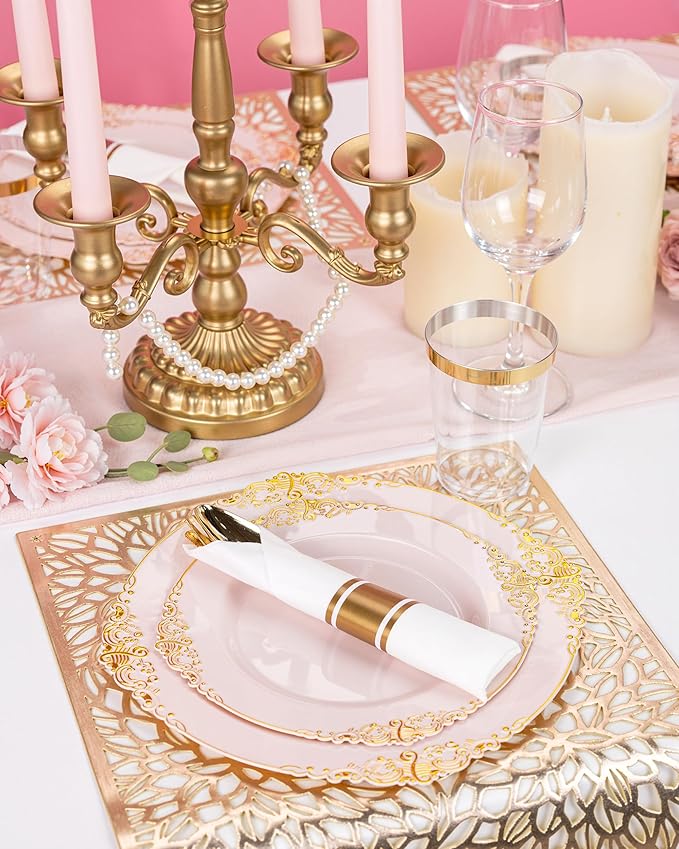 Nervure 700PCS Pink Gold Plastic Plates - Pink Plastic Dinnerware Sets for 100 Guests - 200 Disposable Plates, 300 Silverware, 100 Cups, 100 Napkins for Wedding, Birthday & Party