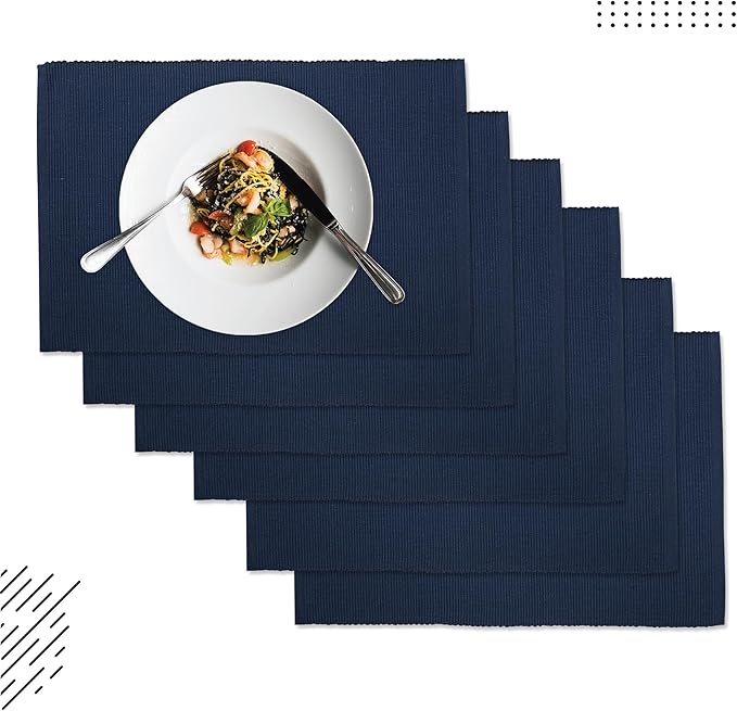 Encasa XO Dining Placemat Set of 6 | Solid Navy Blue Color | Fine Ribbed Cotton Table mat | Size 19x13 in | Machine Washable