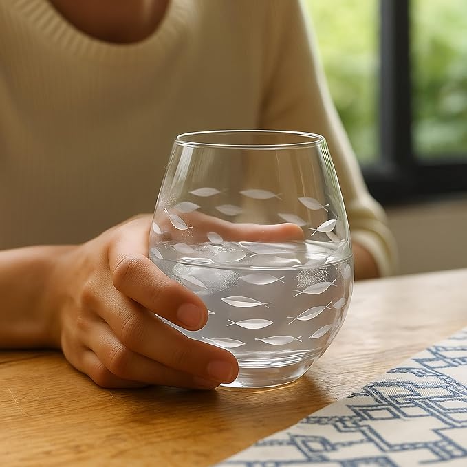 SHOSHIN Handmade Crystal Hand-cut Stemless wine glass (Fish set of 4)