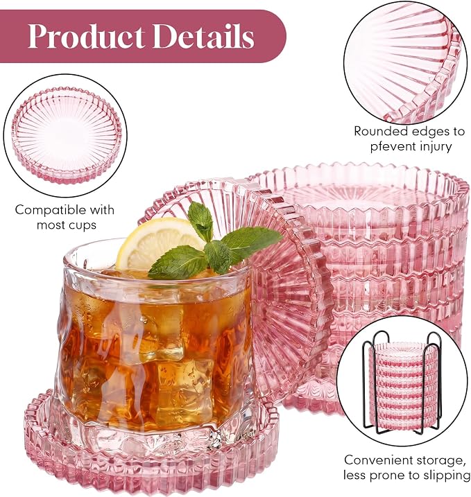 8 Pcs Glass Coasters with Holder Clear Drink Coasters Crystal Round Beverage - Image 3