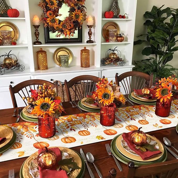 Orange Pumpkin Fall Table Runner 60 Inches Long, Thanksgiving Maple Eucalyptus - Image 6