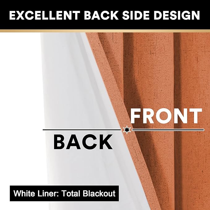 PrinceDeco 100% Blackout Curtains 84 inch Length 2 Panels Set Anti-Rust Grommet Linen Textured Curtains for Bedroom Solid Full Blackout Thermal Insulated with White Liner, Orange, 42" W x 84" L
