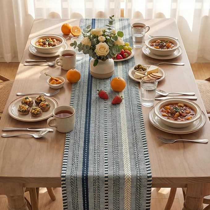 Artoid Mode Dark Blue Farmhouse Stripe Braided Table Runner 12x120 Inch | - Image 3