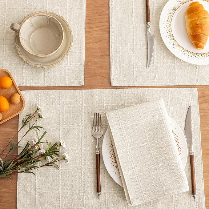 Linen Checked Placemats Set of 4, Ivory Rustic Place Mats 12x18 Inch | Raised - Image 3