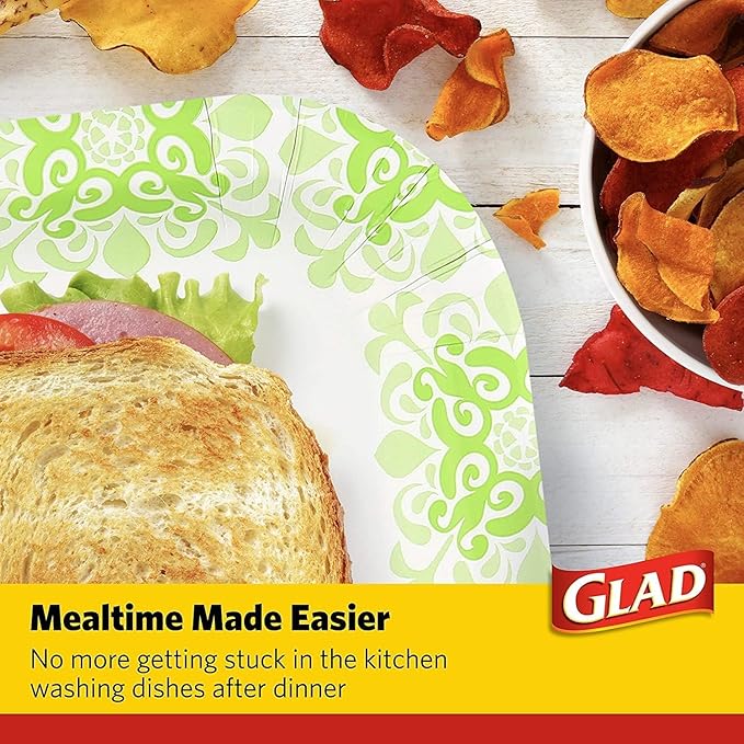 Glad Square Disposable Paper Plates, Green Victorian Pattern - Strong, Sturdy, Soak Proof, and Microwavable Decorative Plates for Dinner and Everyday Use, 10 Inch, 50 Count - 12 Pack