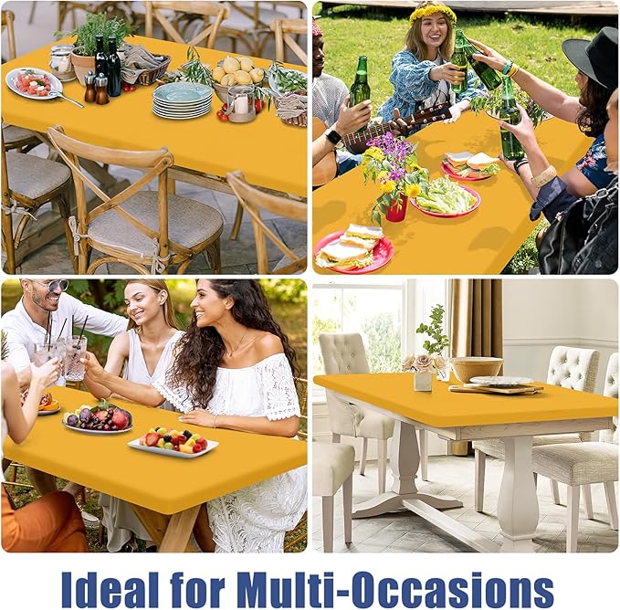 Spandex 6 Foot Rectangle Table Cloth 2 Pack, Elastic Fitted Tablecloths for Picnic, Stretch Washable Patio Table Cover for Outdoor, Camping, Banquet and Parties (Mustard Yellow, 30"x72")