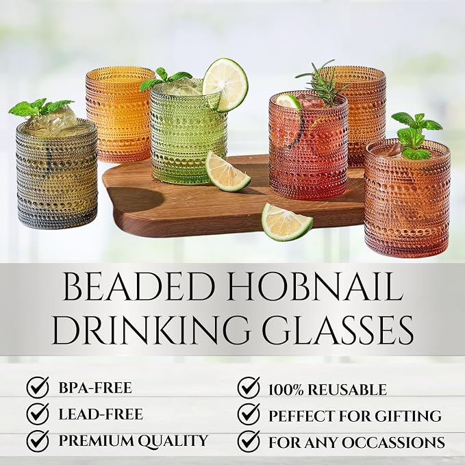 Shades of Summer Set of 6 Luxury Hobnail Drinking Glasses - 11oz Jewel-Toned - Image 3