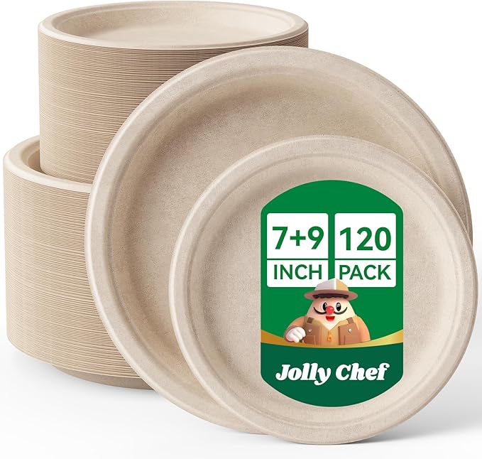 JOLLY CHEF Compostable Heavy Duty Plates 𝟳 𝗶𝗻𝗰𝗵 𝗮𝗻𝗱 𝟵 𝗶𝗻𝗰𝗵 [𝟭𝟮𝟬 𝗣𝗮𝗰𝗸] Eco-Friendly Disposable Paper Plates Bagasse Biodegradable Sugarcane for Party Hot Cold Foods Christmas(Brown)