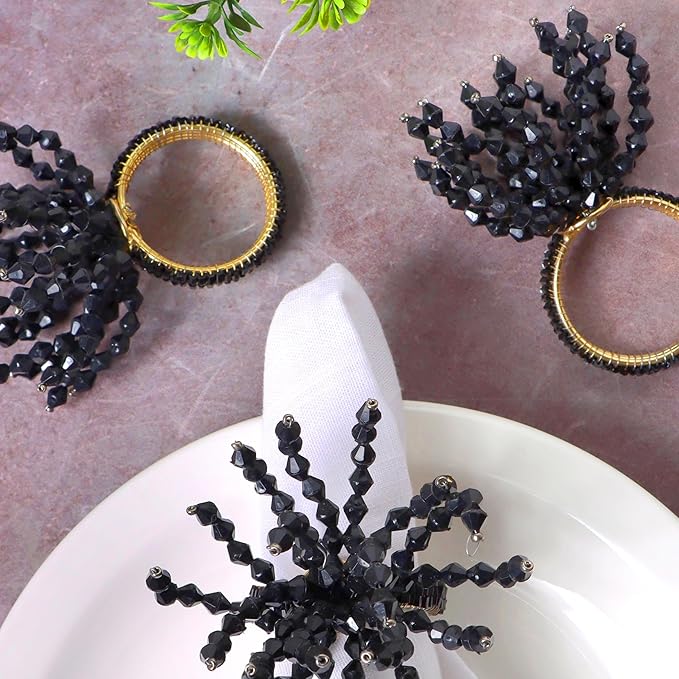 CLEENTABLE 12-Pcs Decorative Napkin Rings - Beaded Serviette Ring Napkin Holders for Summer Beach Wedding Ocean Coastal Nautical Holiday Party Home Table Décor (Black)