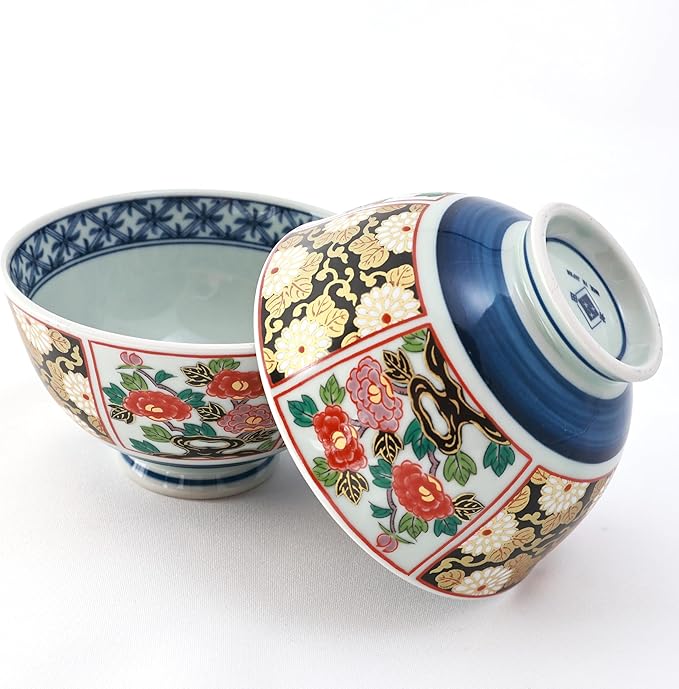 Japanese Blue and White Floral Porcelain Rice Bowl Set, 4.5 inch Small Decorative Japanese Bowl, Vintage-Style Asian Tableware, 2-Piece Porcelain Rice Bowls for Serving Rice or Side Dishes