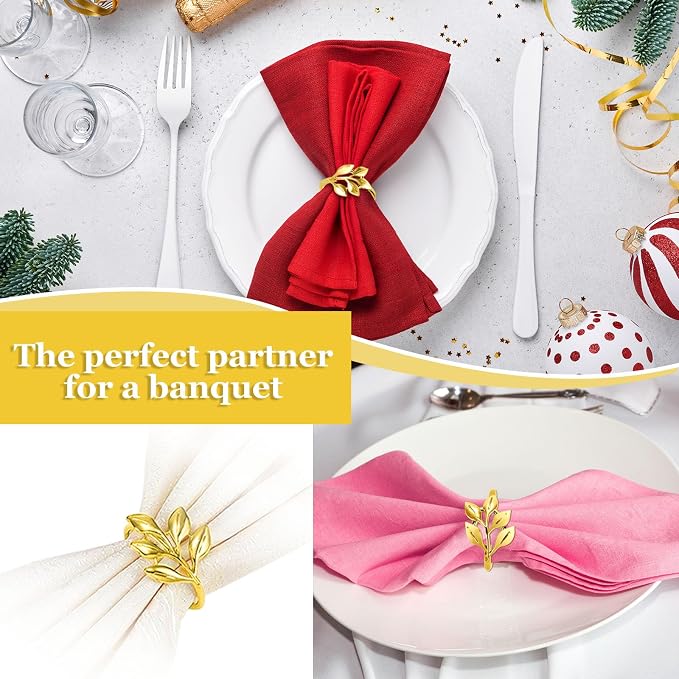 100 Pcs Gold Leaf Napkin Rings Set, Metal Napkin Ring Holders Buckles - Image 6