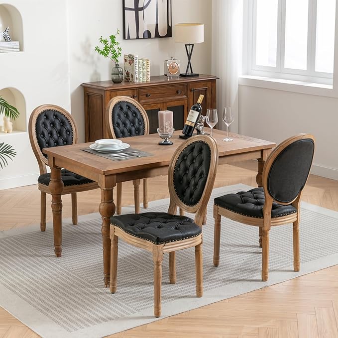 Vintage French Dining Chairs Set of 6, Round Back PU Leather Upholstered Side Chairs with Nailhead Trim and Solid Wood Frame, Sillas de Comedor for Dining Room & Kitchen, Black